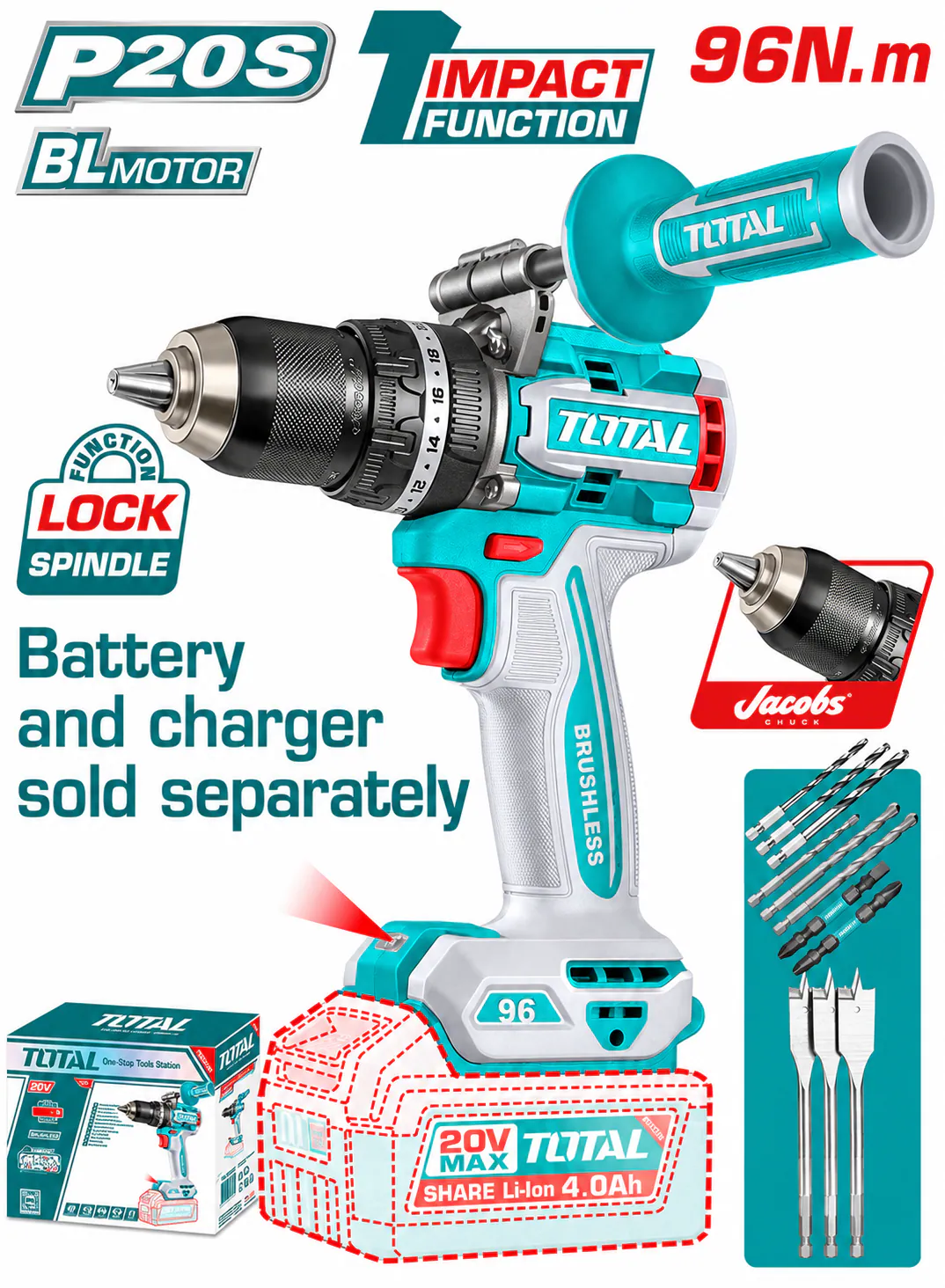 TOTAL 20V Industrial Brushless Cordless Impact Drill – 96Nm (Tool Only)