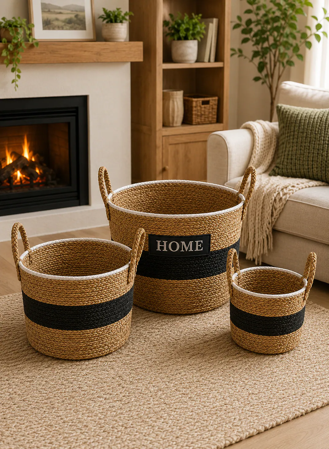 Seagrass Basket Set 3 Pieces – Natural & Black Woven Storage Baskets with Handles