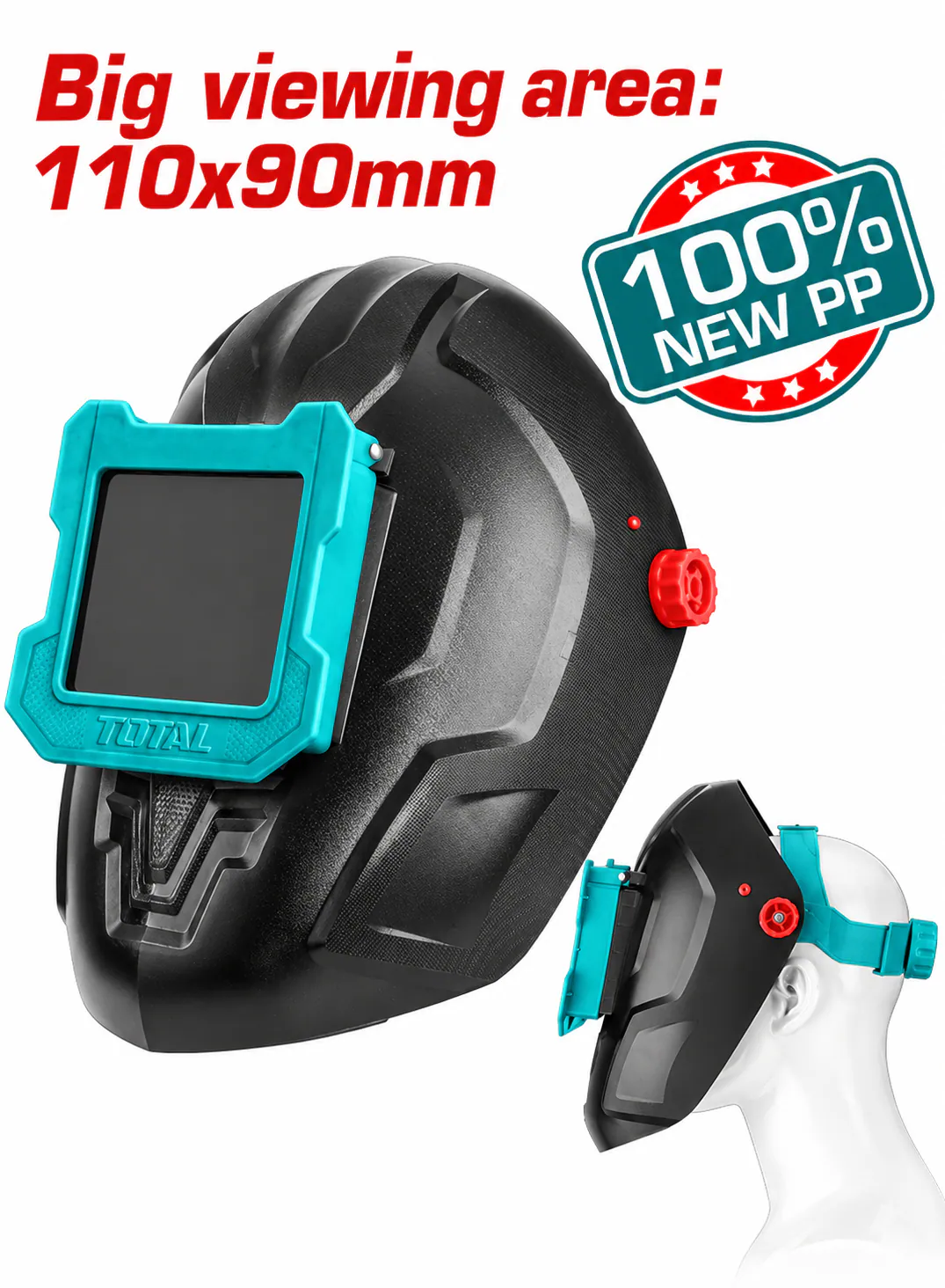 TOTAL Large Viewing Area Welding Helmet – 110×90mm Viewing Window – 100% New PP Material – Flip-Up Welding Lens – Adjustable Headband – Heavy-Duty Industrial Welding Face Shield