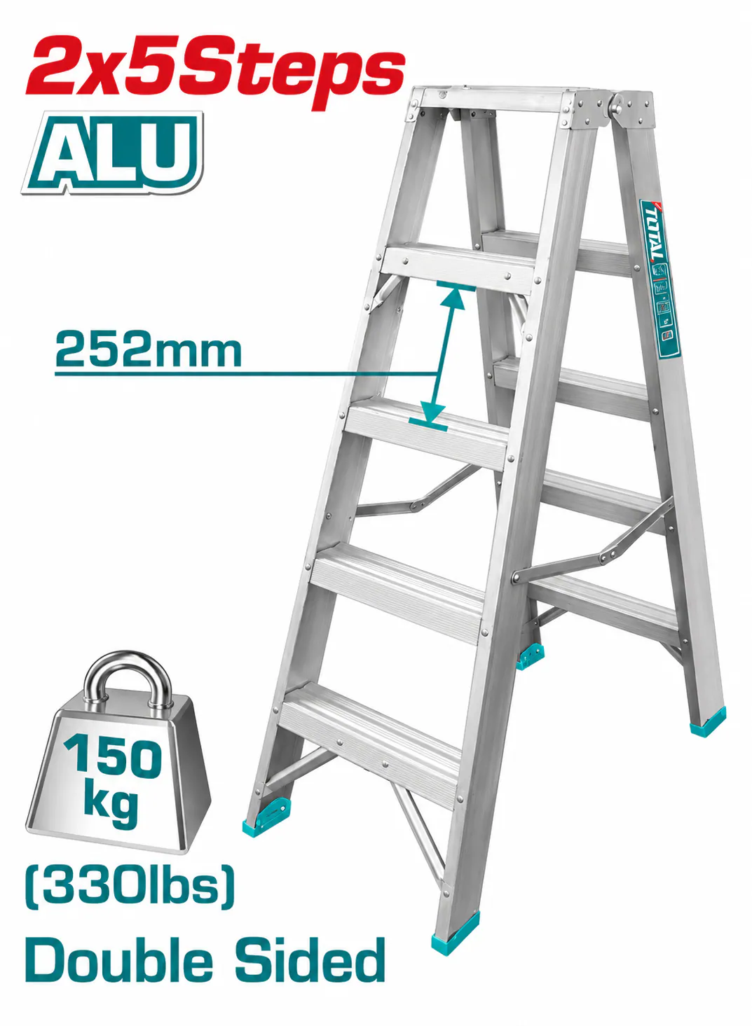TOTAL 2×5-Step Double-Sided Aluminum Ladder – 10 Steps – 150kg (330lbs) Load Capacity – 252mm Step Spacing – Heavy-Duty Foldable A-Frame Ladder