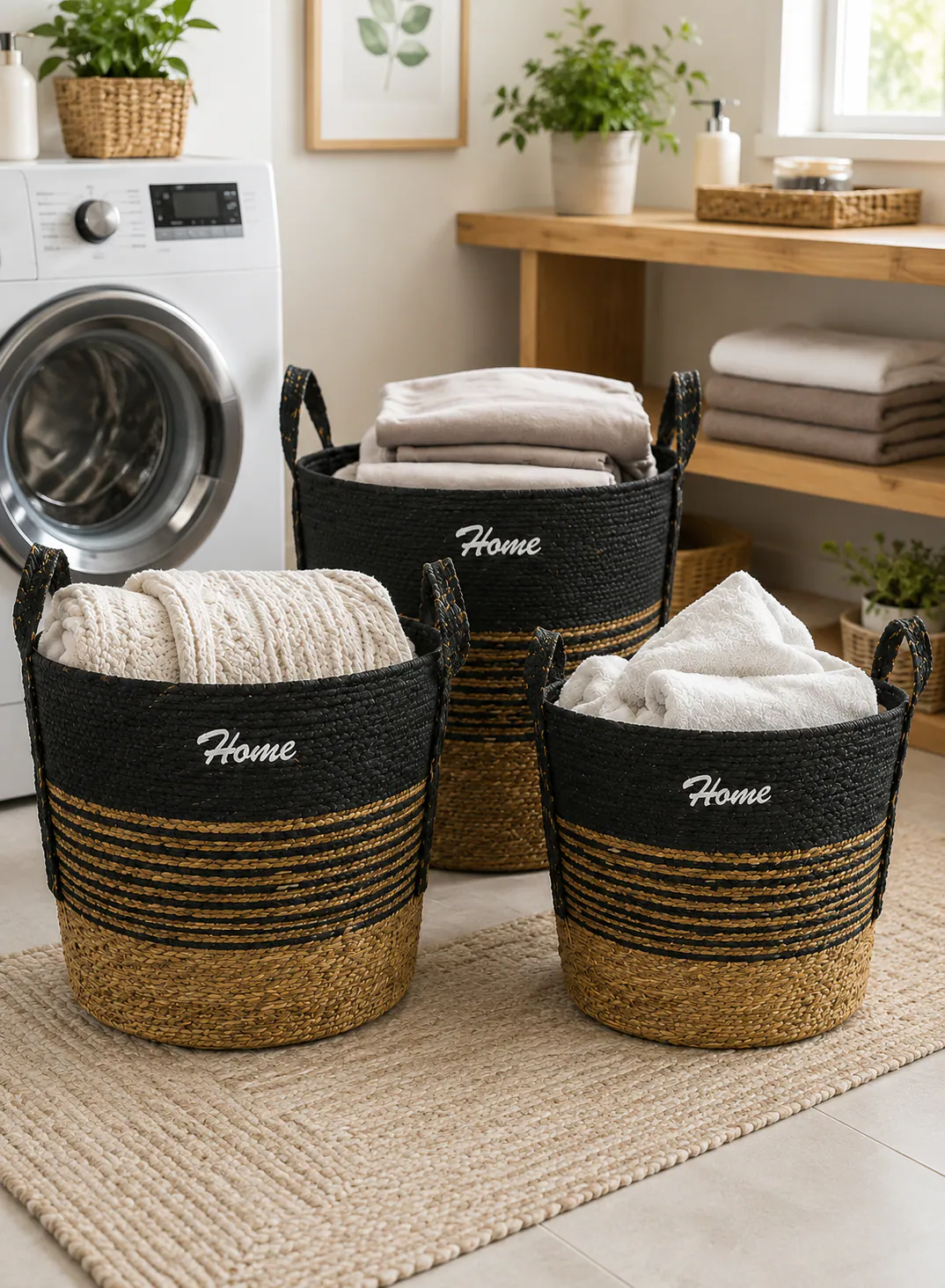 Seagrass Basket Set 3 Pieces – Black & Natural Woven Laundry Storage Baskets with Handles