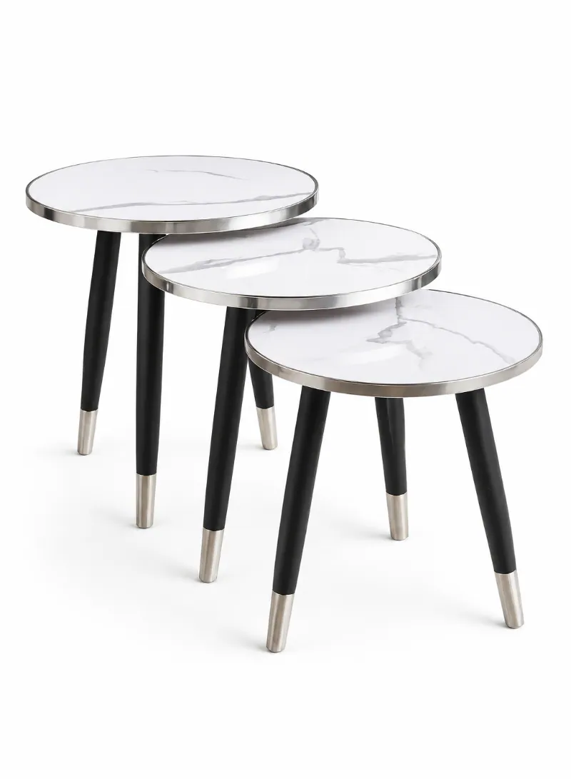 3-Piece Nesting Table Set – White Marble-Effect MDF Top with Silver & Black Metal Legs
