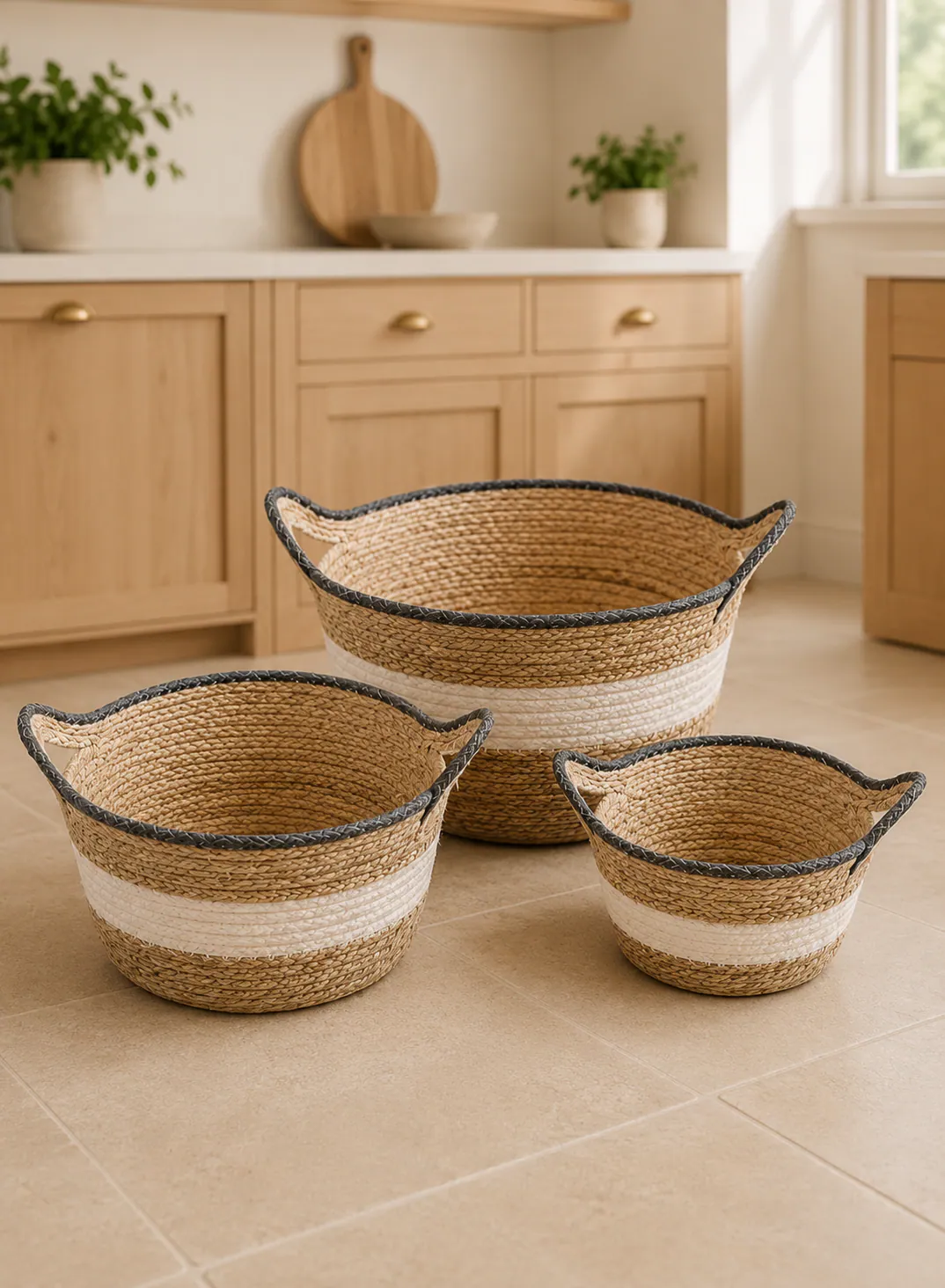 3-Piece Seagrass Kitchen Basket Set – Natural Beige, White & Grey with Handles