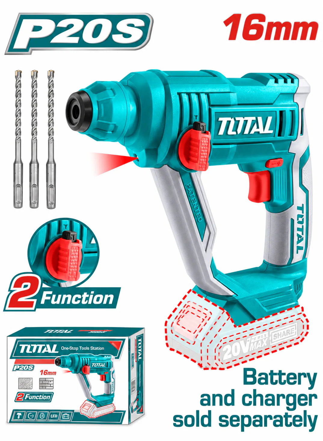 TOTAL 20V Cordless SDS Plus Rotary Hammer – 16mm (Tool Only)
