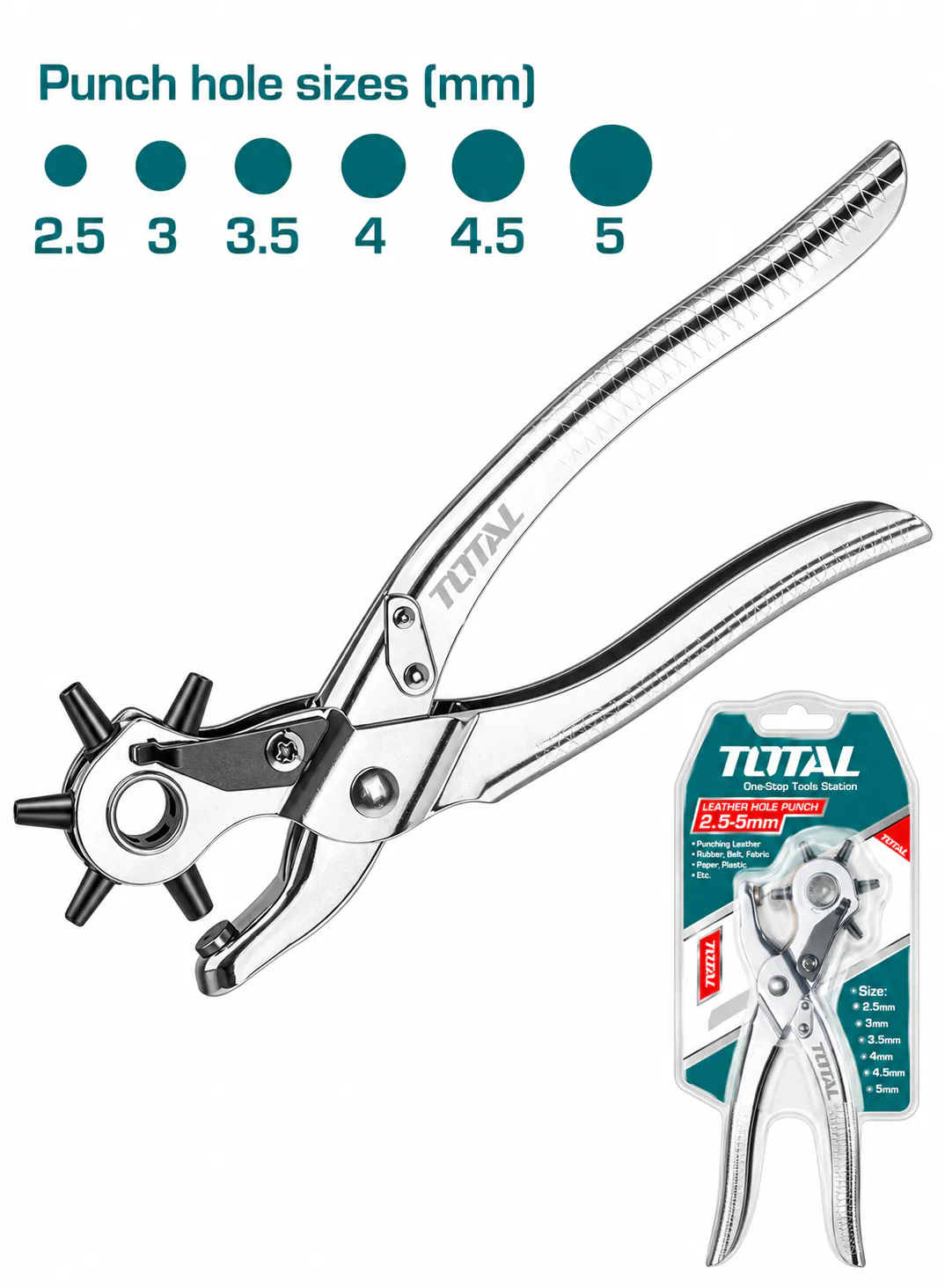 TOTAL 6-Size Revolving Leather Hole Punch Pliers – 2.5–5mm