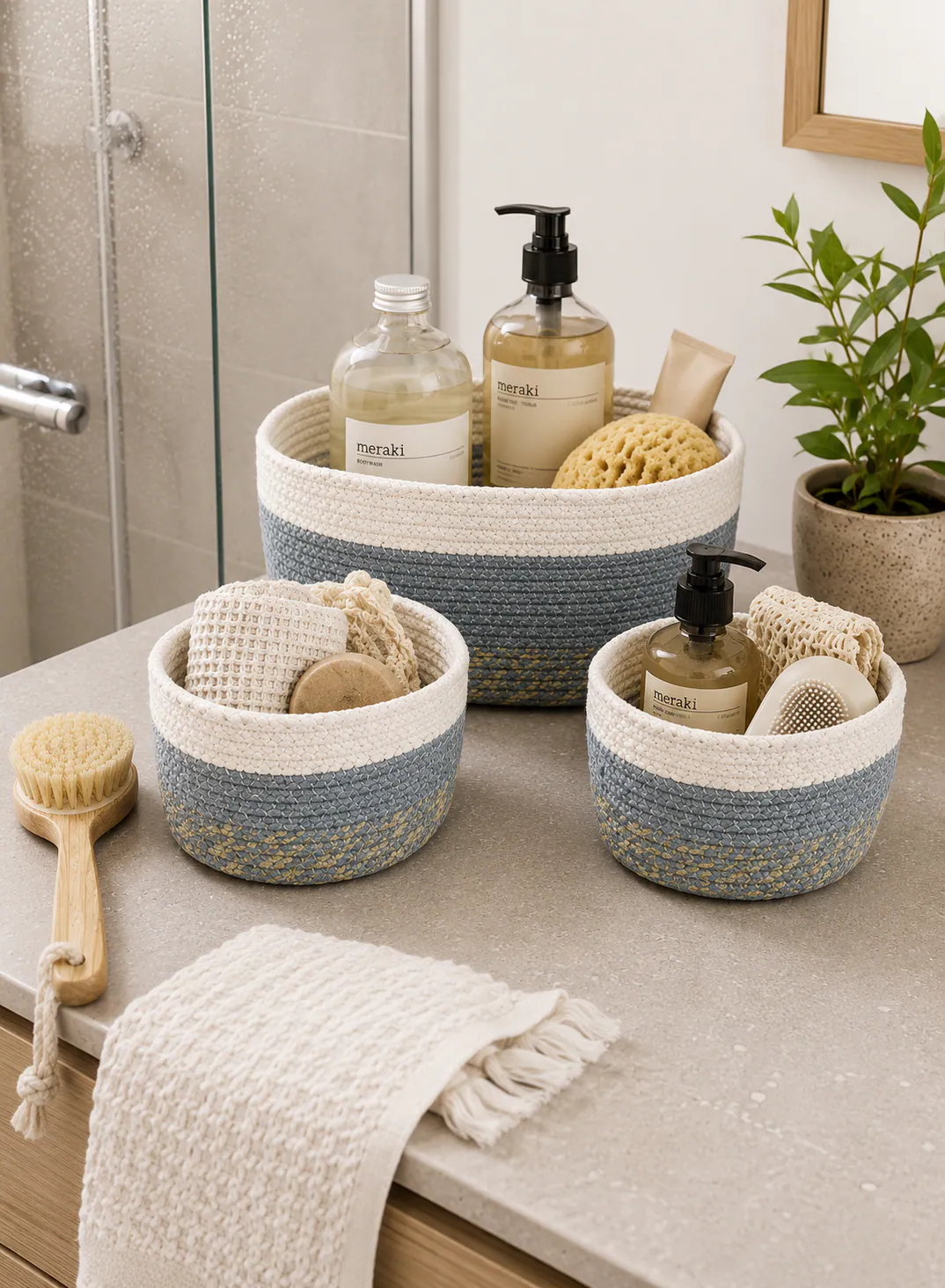Bamboo Basket Set 3 Pieces – Blue & White Woven Bathroom Storage Baskets