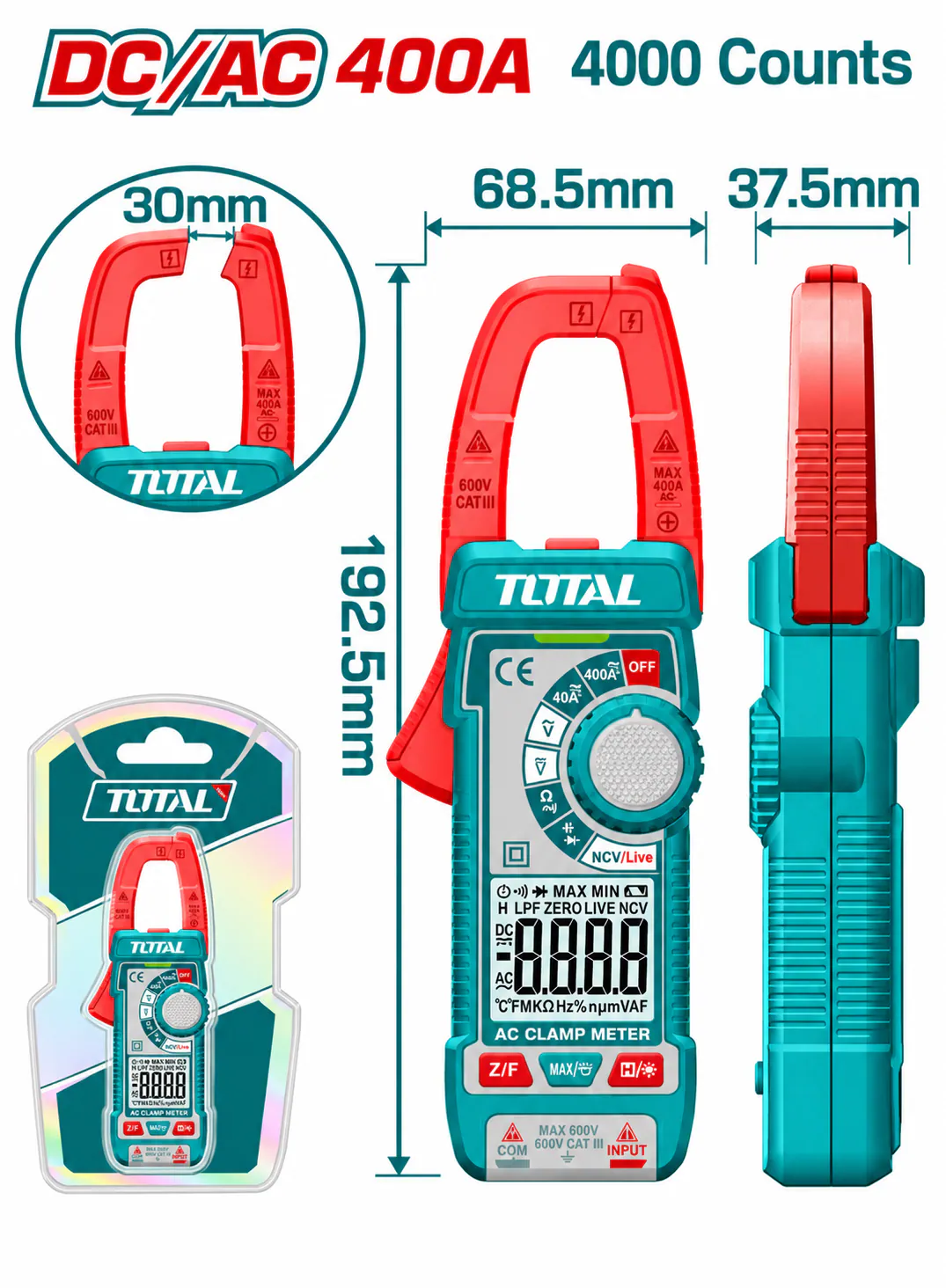 TOTAL 400A AC/DC Digital Clamp Meter – 600V, 4000 Counts