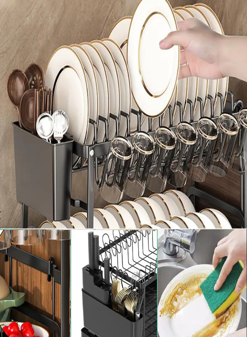 2-Tier Dish Drying Rack with Drainboard – Large Capacity Kitchen Dish Drainer Organizer with Utensil Holder & Cup Rack (Black) 5