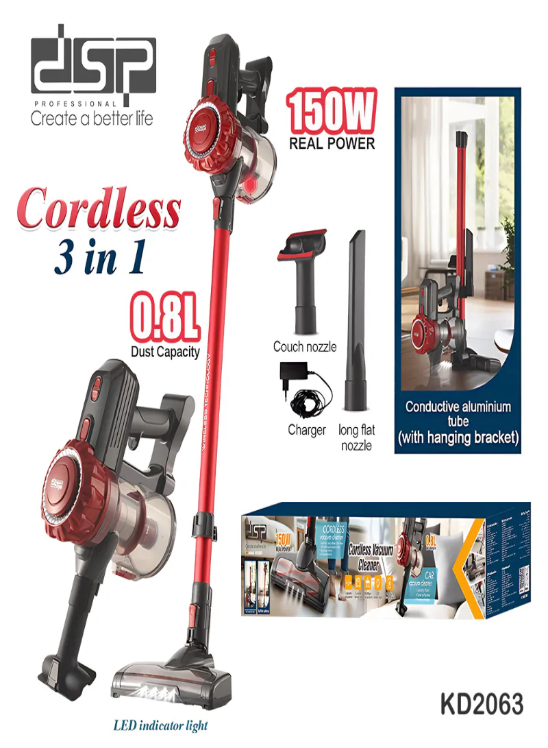 DSP KD2063 Cordless Vacuum Cleaner 150W – Lightweight Dual-Speed Vacuum with HEPA Filter & LED Floor Brush 5