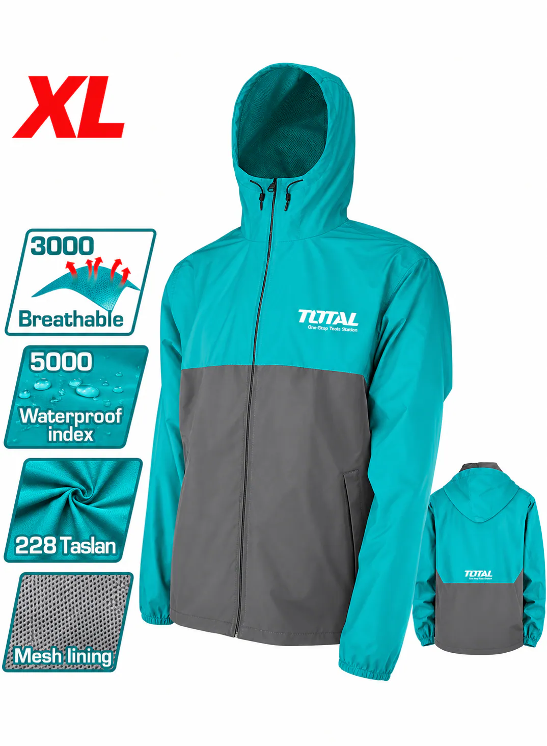 TOTAL XL Waterproof & Breathable Jacket – 5000 Waterproof Rating – 3000 Breathability Rating – 228 Taslan Fabric – Mesh Lining – Hooded Rain Jacket – Heavy-Duty Outdoor Workwear