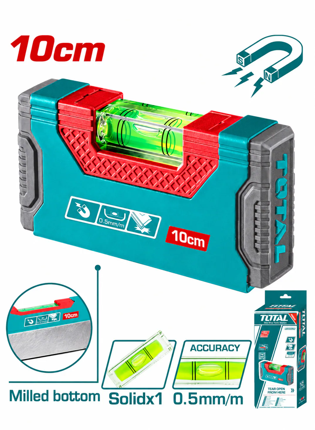 TOTAL 10cm Mini Magnetic Spirit Level – 0.5mm/m Accuracy – Milled Bottom – Single Bubble Vial – Compact Pocket Level
