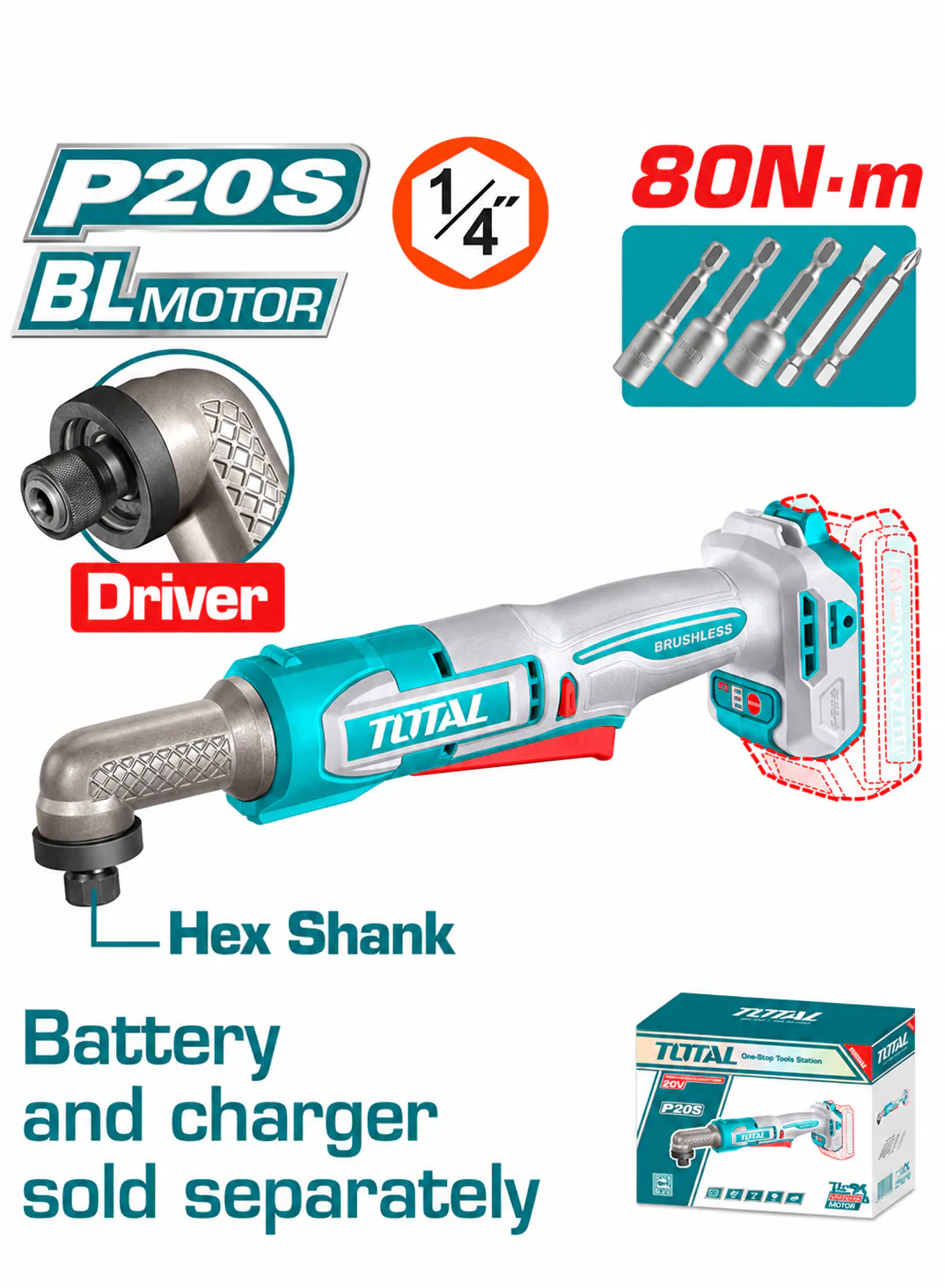 TOTAL 20V Cordless Brushless Right Angle Impact Driver – 80 Nm – 1/4" Hex Shank – P20S (Tool Only)