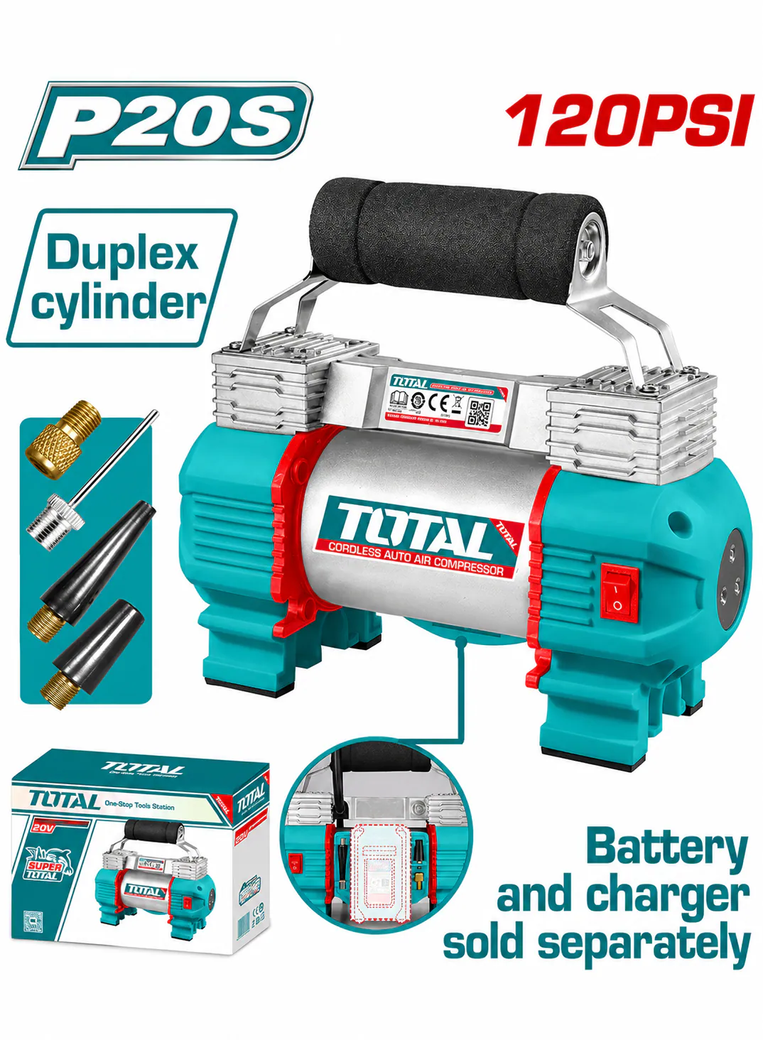 TOTAL 20V Cordless Dual-Piston Air Compressor – 120 PSI (Tool Only) – P20S