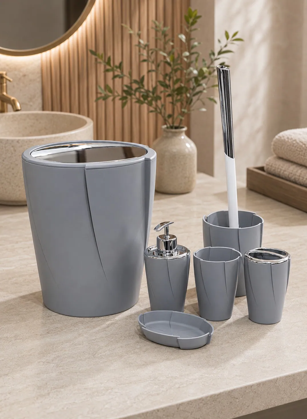 6-Piece Modern Bathroom Accessories Set with Silver Details – Grey