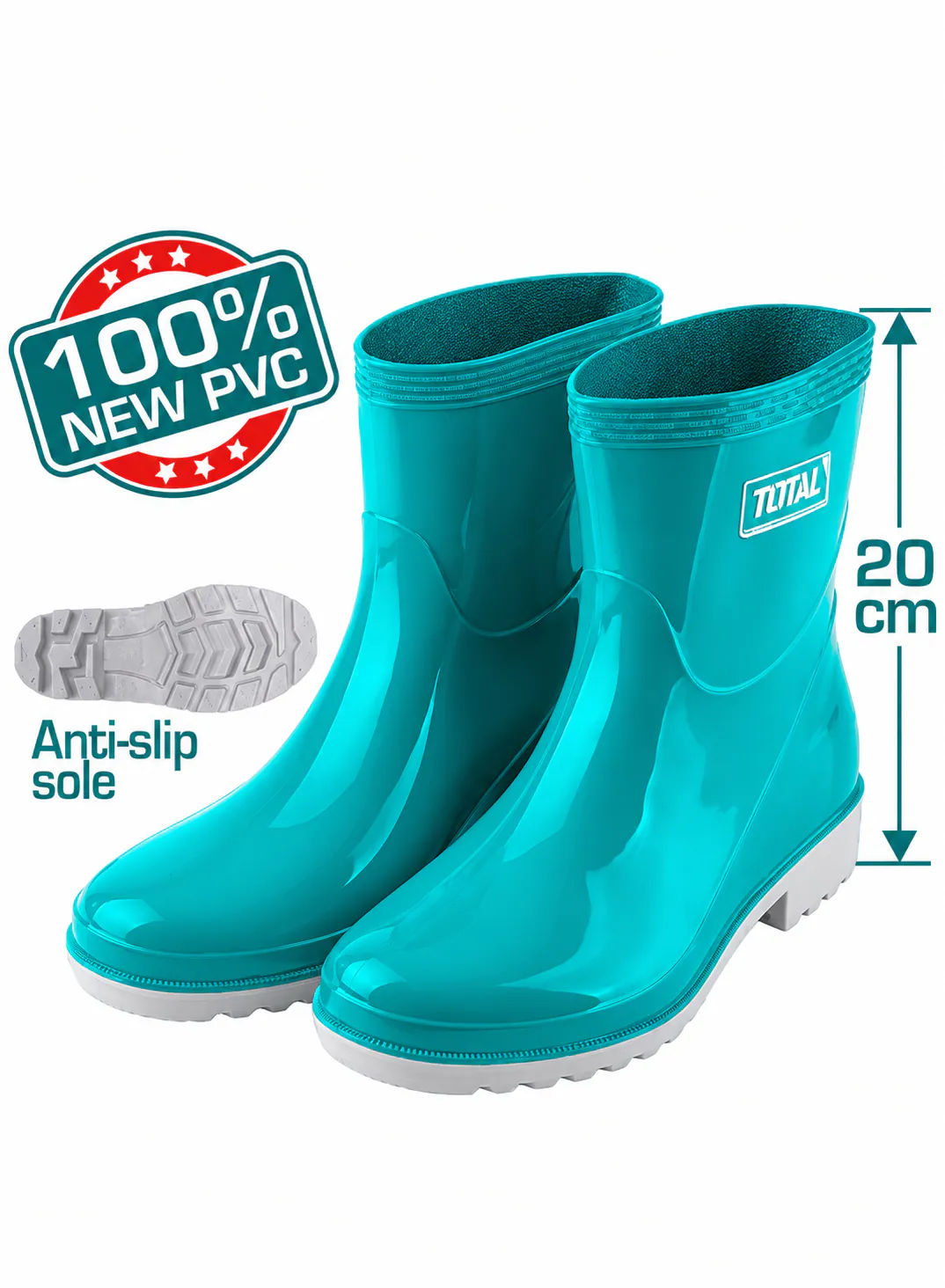 TOTAL Short PVC Rain Boots – 100% New PVC – 20cm Height – Anti-Slip Sole – Waterproof Ankle-Height Work Boots – Heavy-Duty Protective Footwear