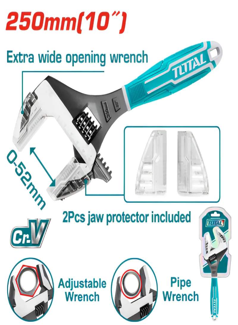 TOTAL 2-in-1 Adjustable Wrench & Pipe Wrench 10" with Extra-Wide 52mm Jaw