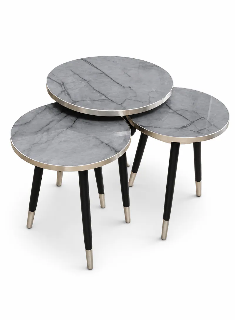 3-Piece Nesting Table Set – Grey Marble-Effect Top with Silver & Black Metal Legs