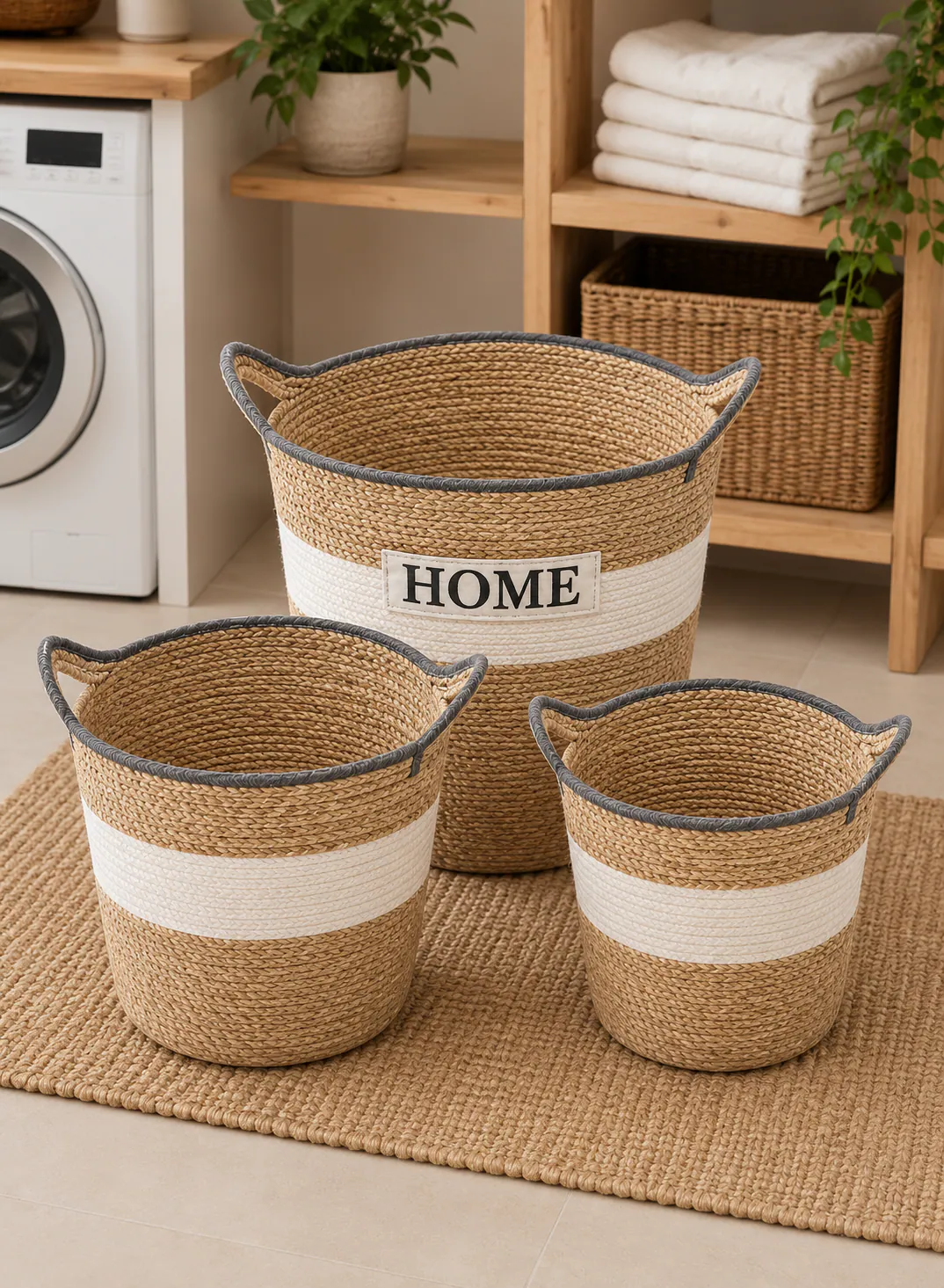 3-Piece Seagrass Laundry Basket Set – Natural Beige, White & Grey with Handles