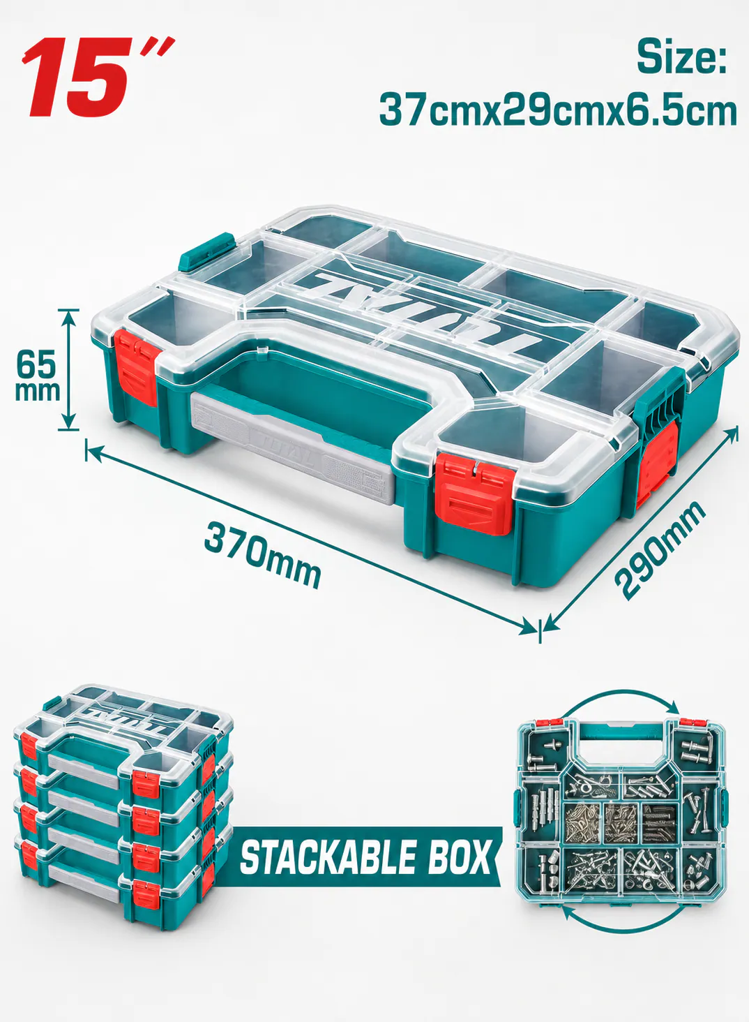 TOTAL 15" Plastic Organizer Box with Removable Dividers – 370 × 290 × 65mm
