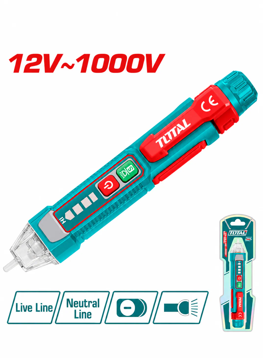 TOTAL 12V–1000V Digital Non-Contact Voltage Tester – AC Voltage Detector Pen – LED Indicator – Sound Alarm & Flashlight