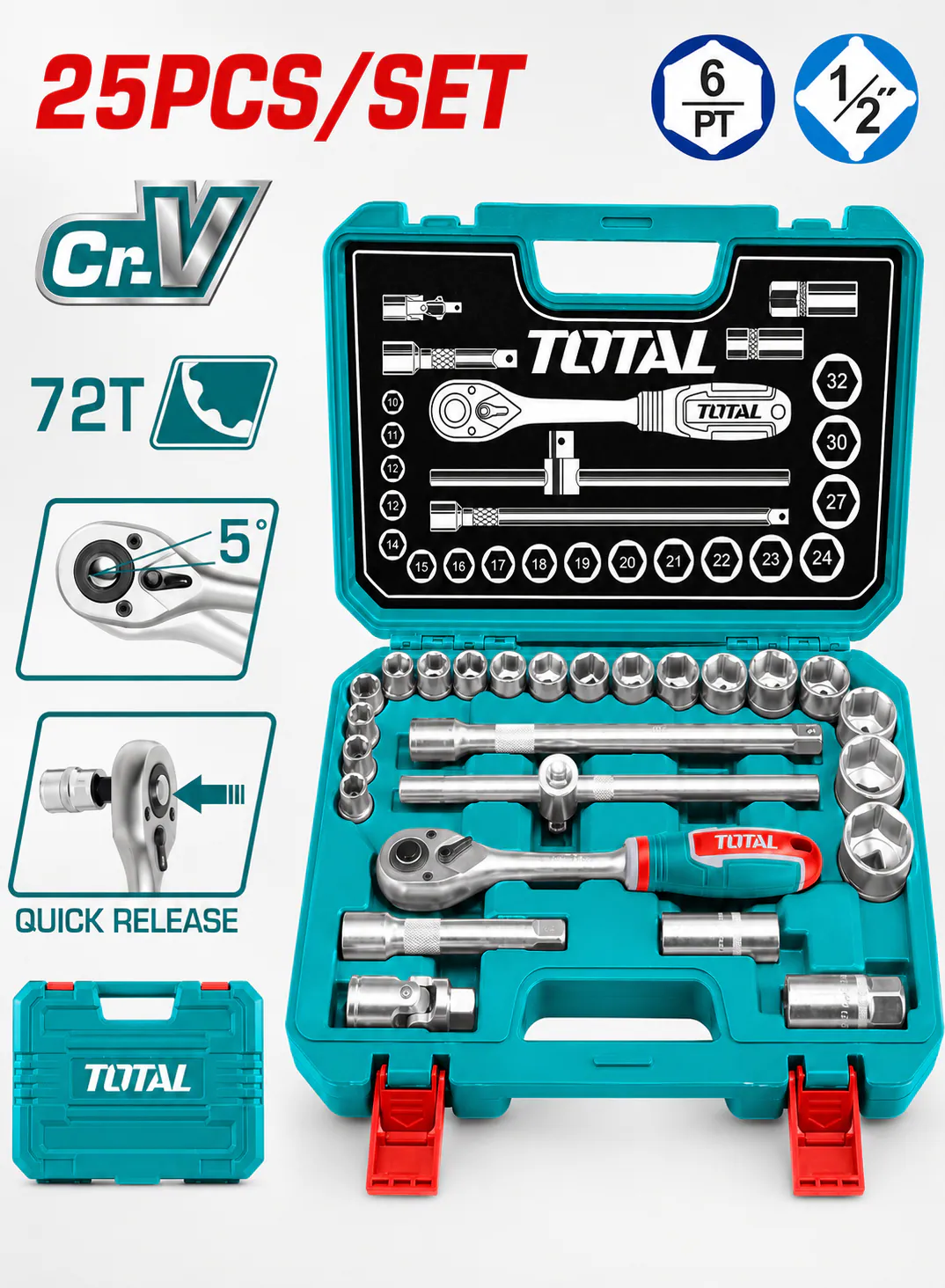 TOTAL 25-Piece 1/2" Socket Set with 45T Ratchet, Extension Bars & BMC Case | CR-V