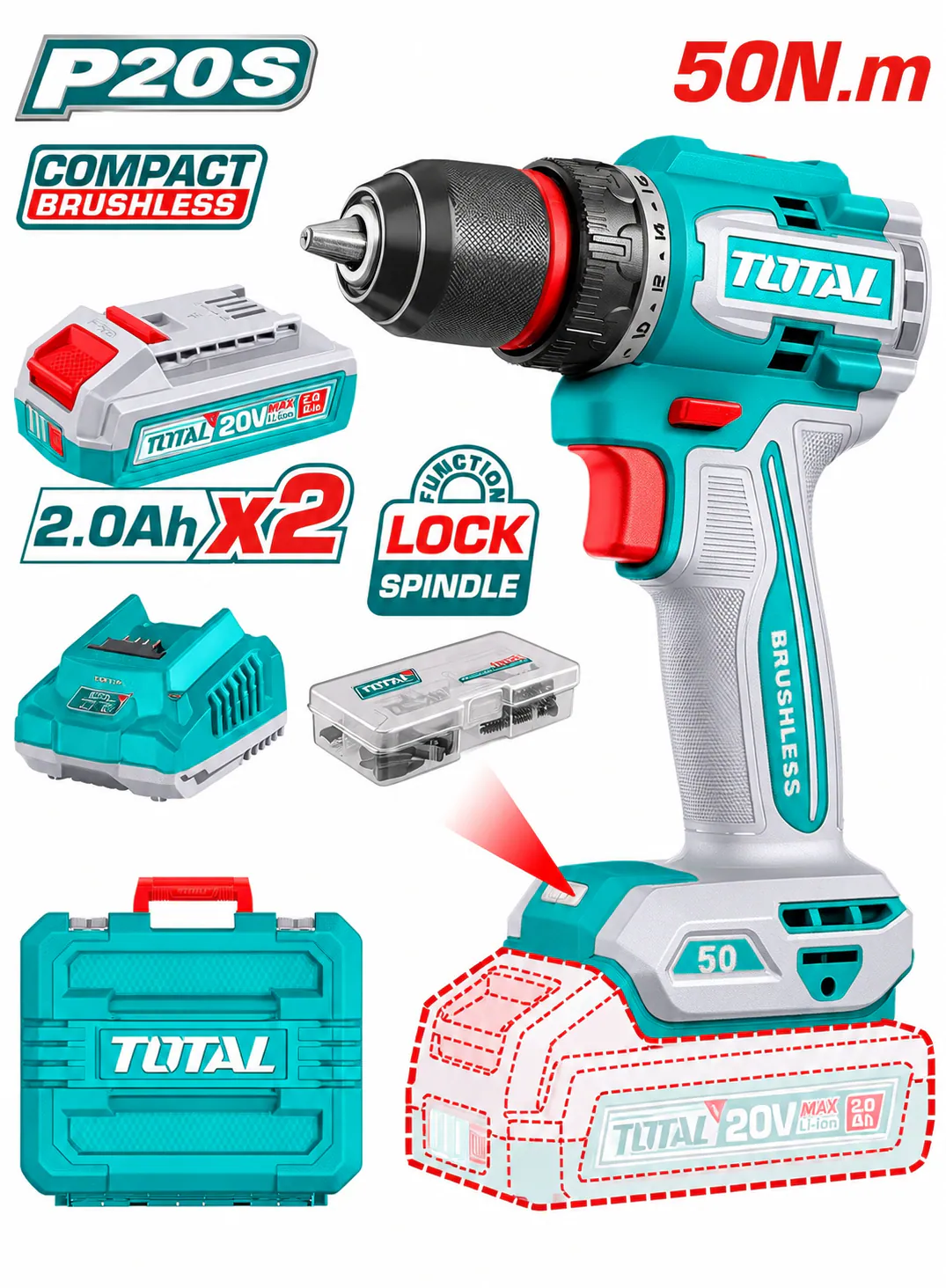 TOTAL 20V Compact Brushless Cordless Drill – 50Nm with 2 Batteries & Carrying Case