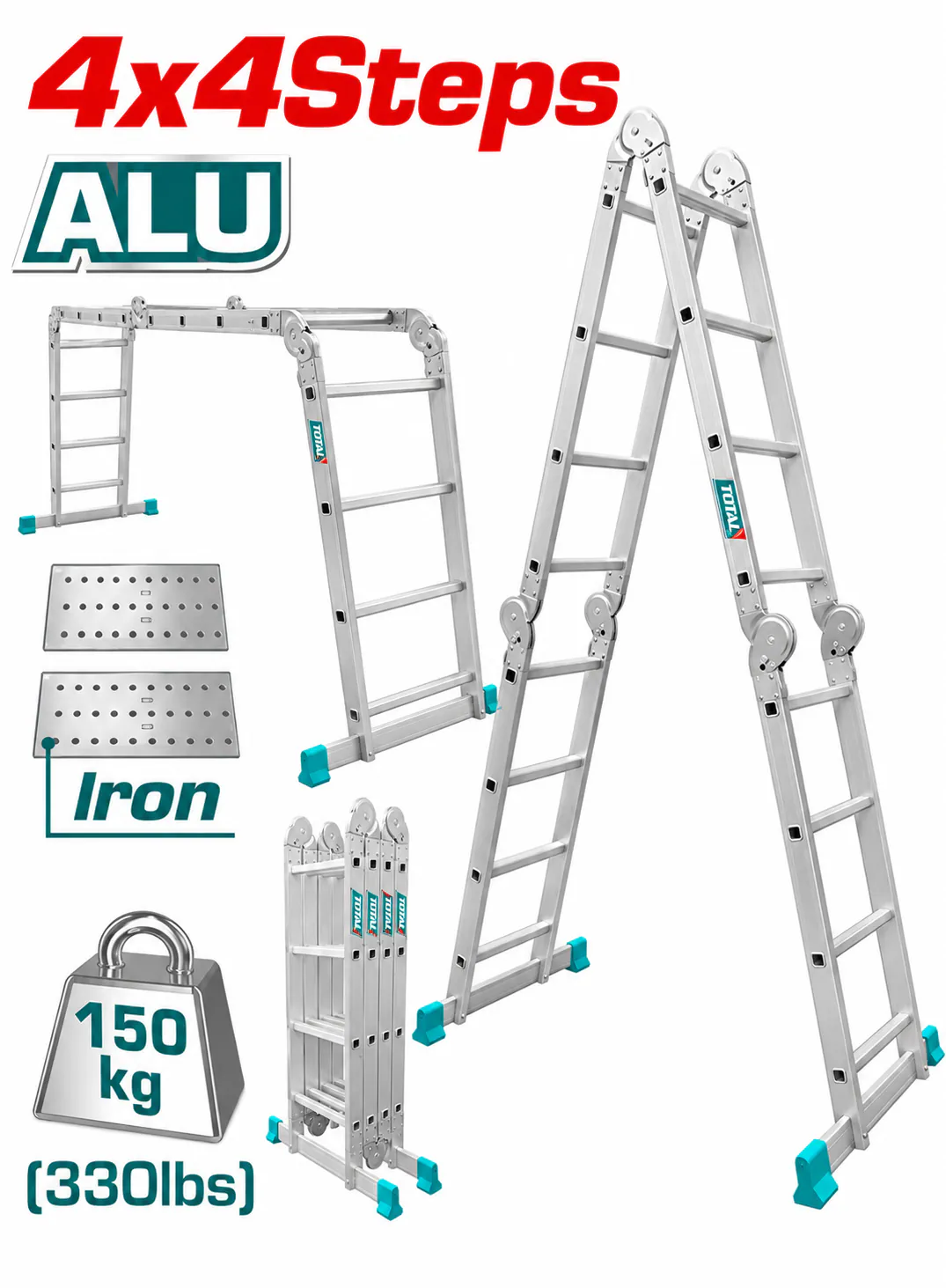 TOTAL 4×4-Step Multipurpose Aluminum Ladder – 16 Steps – 150kg (330lbs) Load Capacity – Heavy-Duty Folding Multi-Position Ladder with Iron Work Platforms