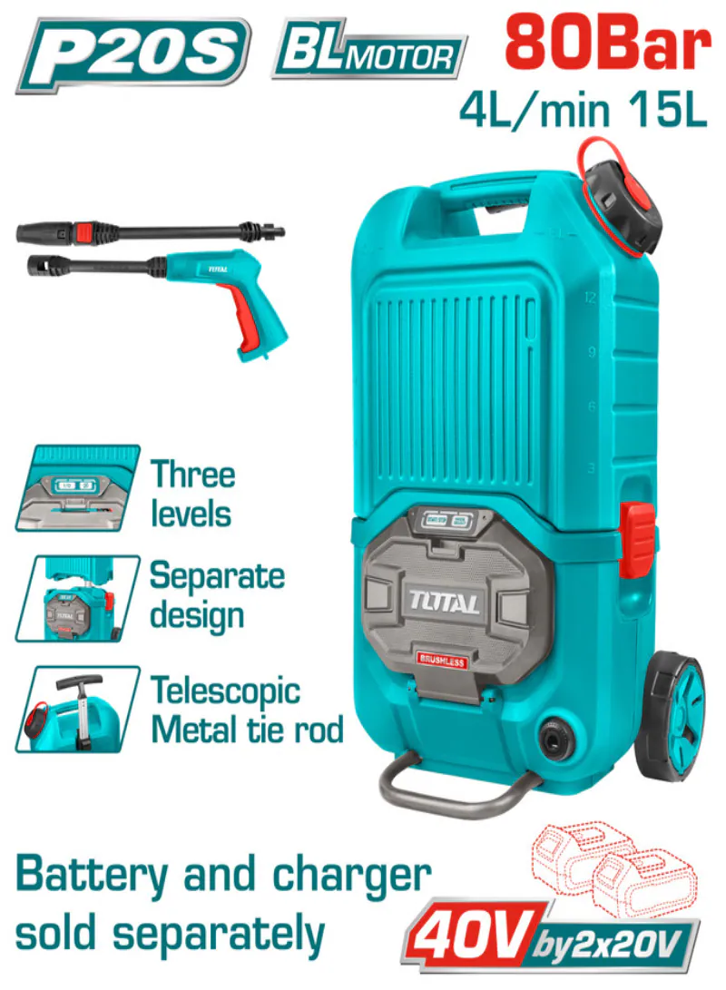 Total 40V Brushless Cordless Pressure Washer 80Bar with Tank (Tool Only)