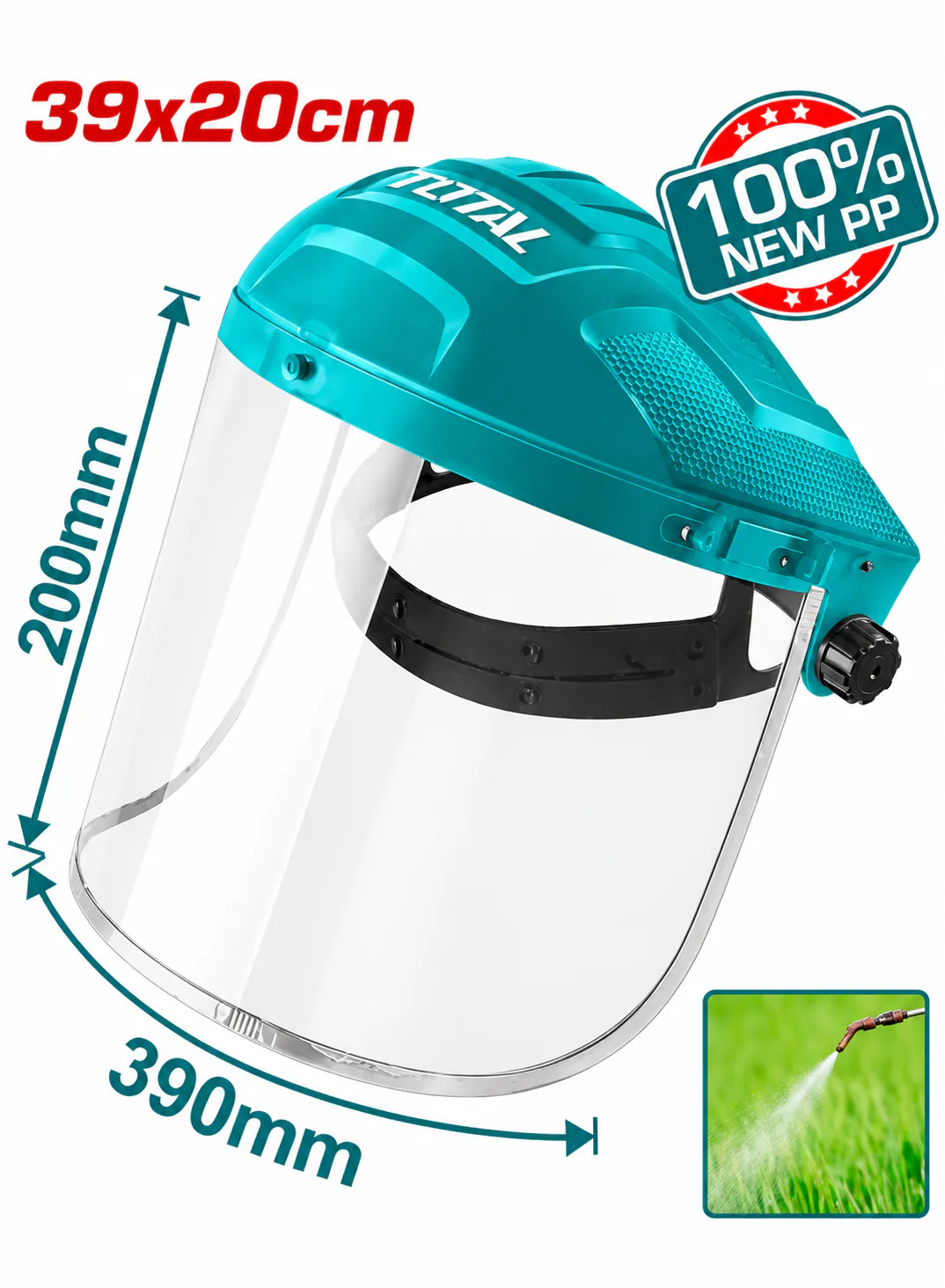 TOTAL Full Face Protection Shield – 39×20cm – 100% New PP Material – Transparent Protective Visor – Adjustable Headband – Lightweight Industrial Safety Face Shield – Gardening & Work Protection