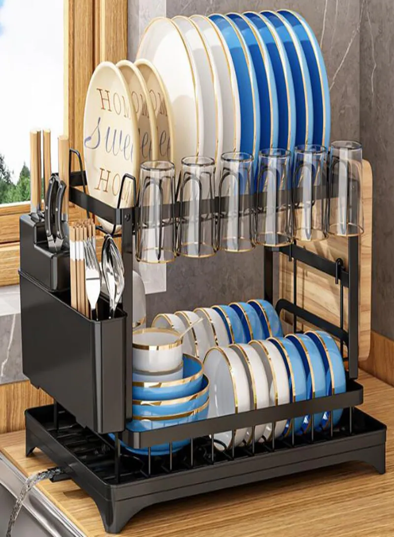 2-Tier Dish Drying Rack with Drainboard – Large Capacity Kitchen Dish Drainer Organizer with Utensil Holder & Cup Rack (Black)