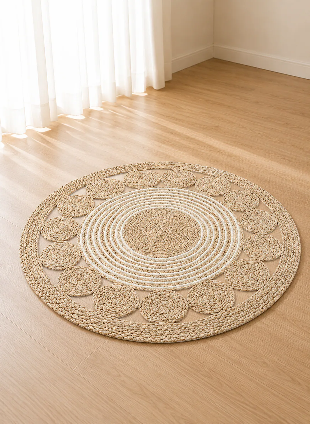 Seagrass Mat 80cm – Round Natural Woven Floor Mat with Circle Border Design