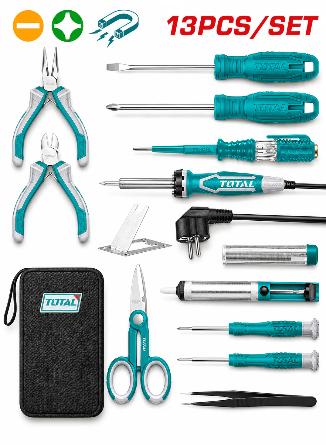 TOTAL 13-Piece Telecom Tools Set with Soldering Iron, Pliers, Screwdrivers & Canvas Bag