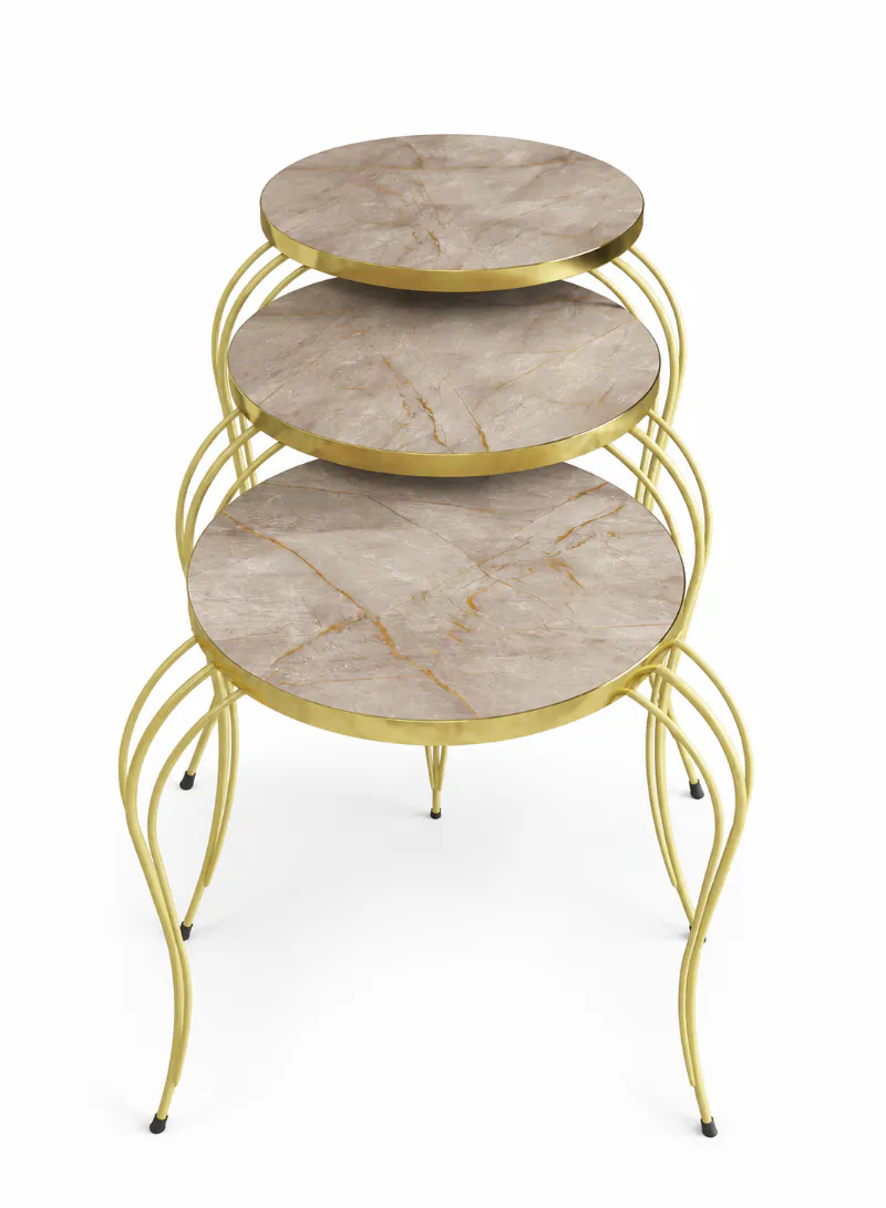 3-Piece Nesting Table Set – Grey Marble-Effect Top with Gold Metal Legs