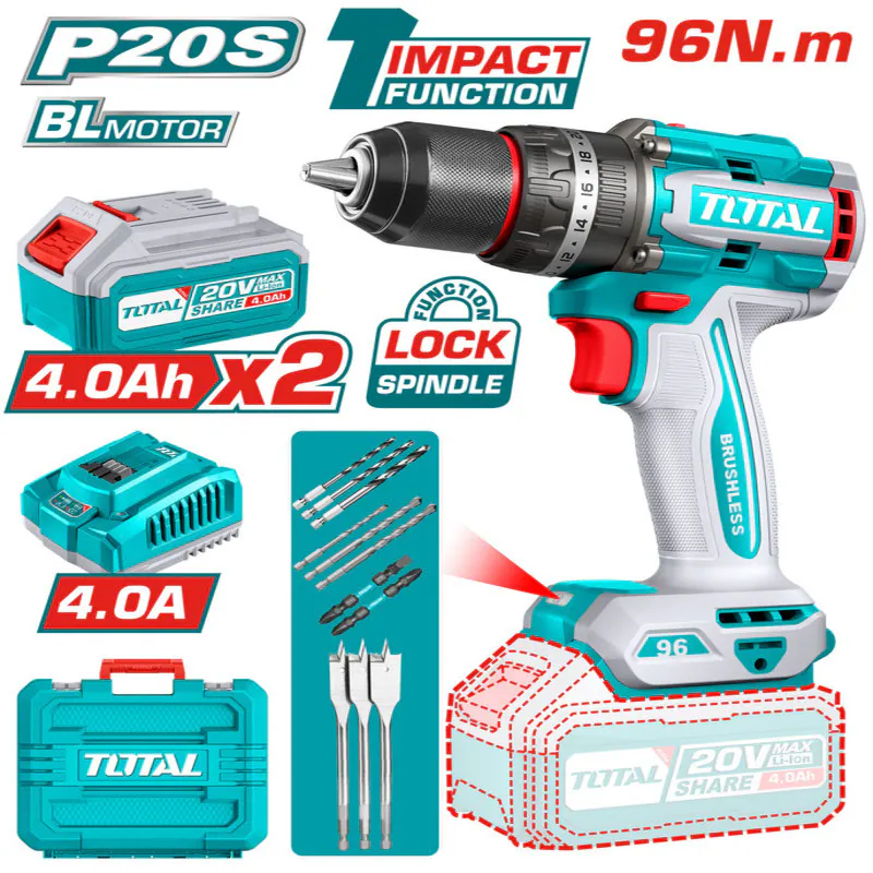 Total 20V 96Nm Brushless Cordless Drill Kit | High Power with Full Accessories