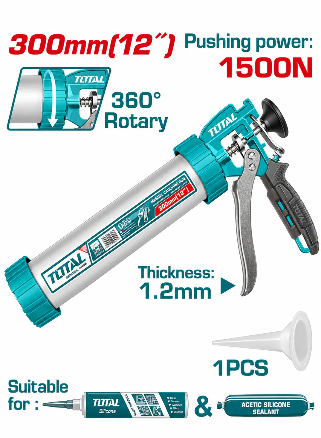 TOTAL 12" Aluminum Polyurethane Caulking Gun – 1500N