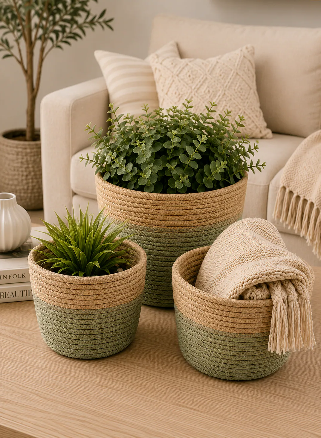 Bamboo Basket Set 3 Pieces – Green & Natural Woven Storage Baskets