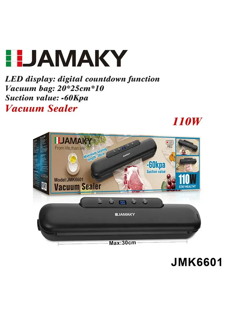 JAMAKY JMK6601 Vacuum Sealer 110W – Food Sealing Machine with LED Display & -60KPa Suction 2