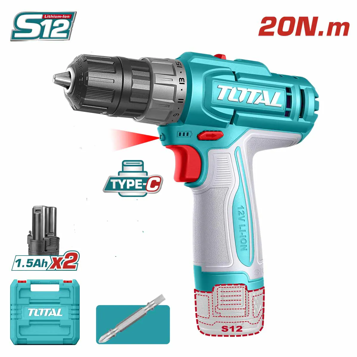 Total 12V Cordless Drill 20Nm 10mm Plastic Chuck with 2 Batteries 2