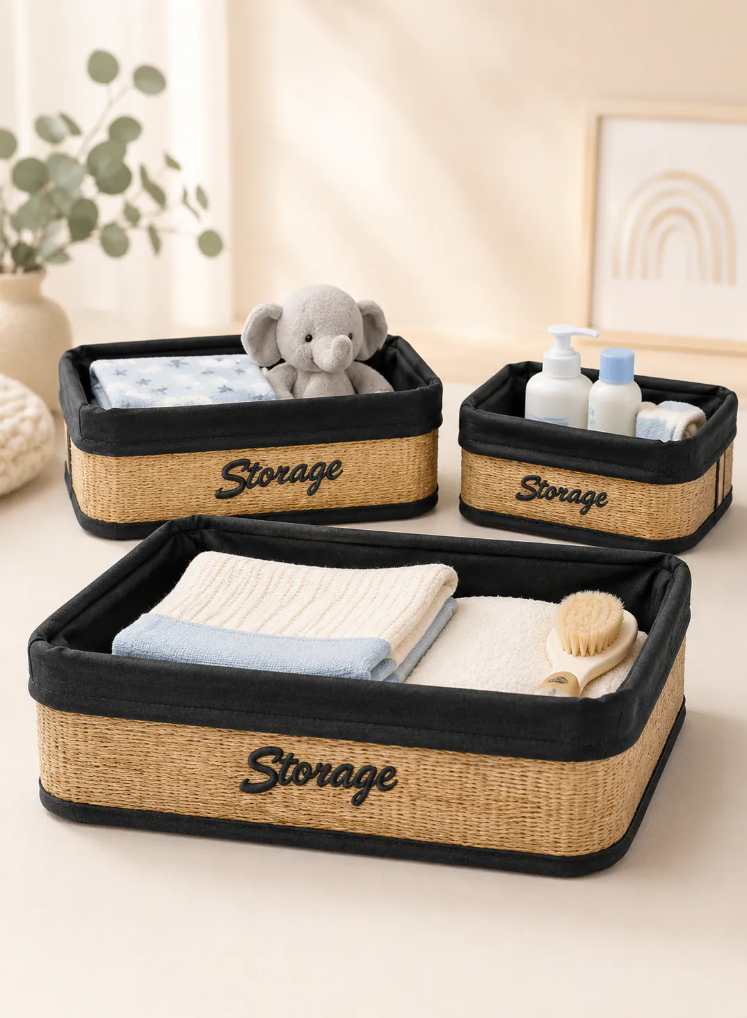 Bamboo Basket Set 3 Pieces – Natural Woven Storage Baskets with Black Fabric Lining