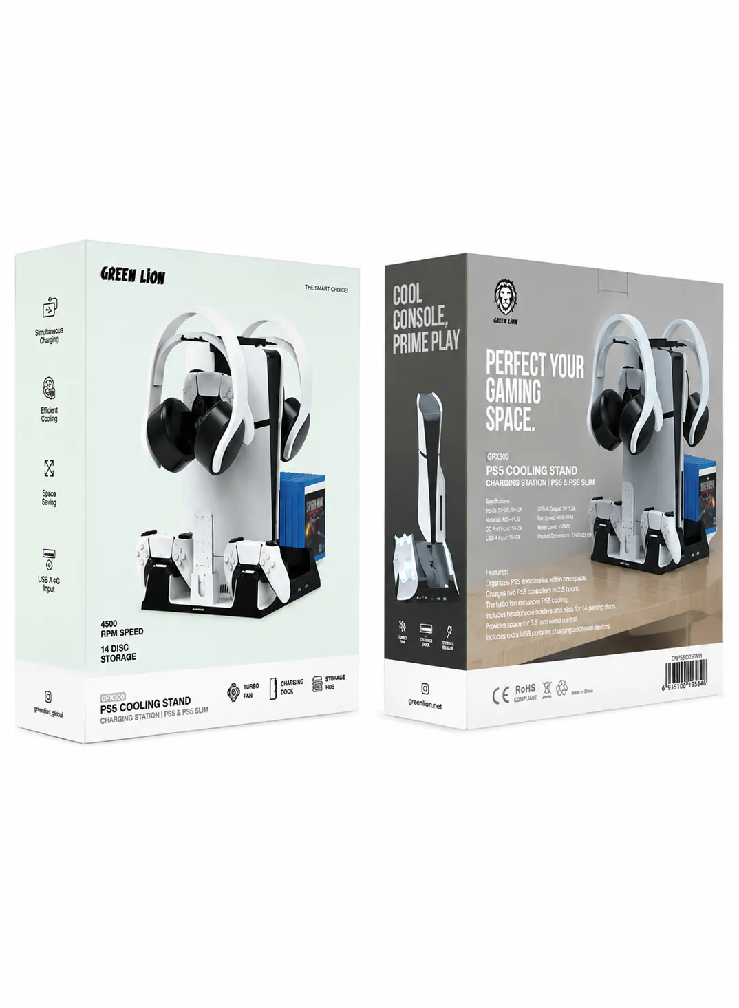 Green Lion PS5 Cooling Stand & Controller Charging Station – White 3