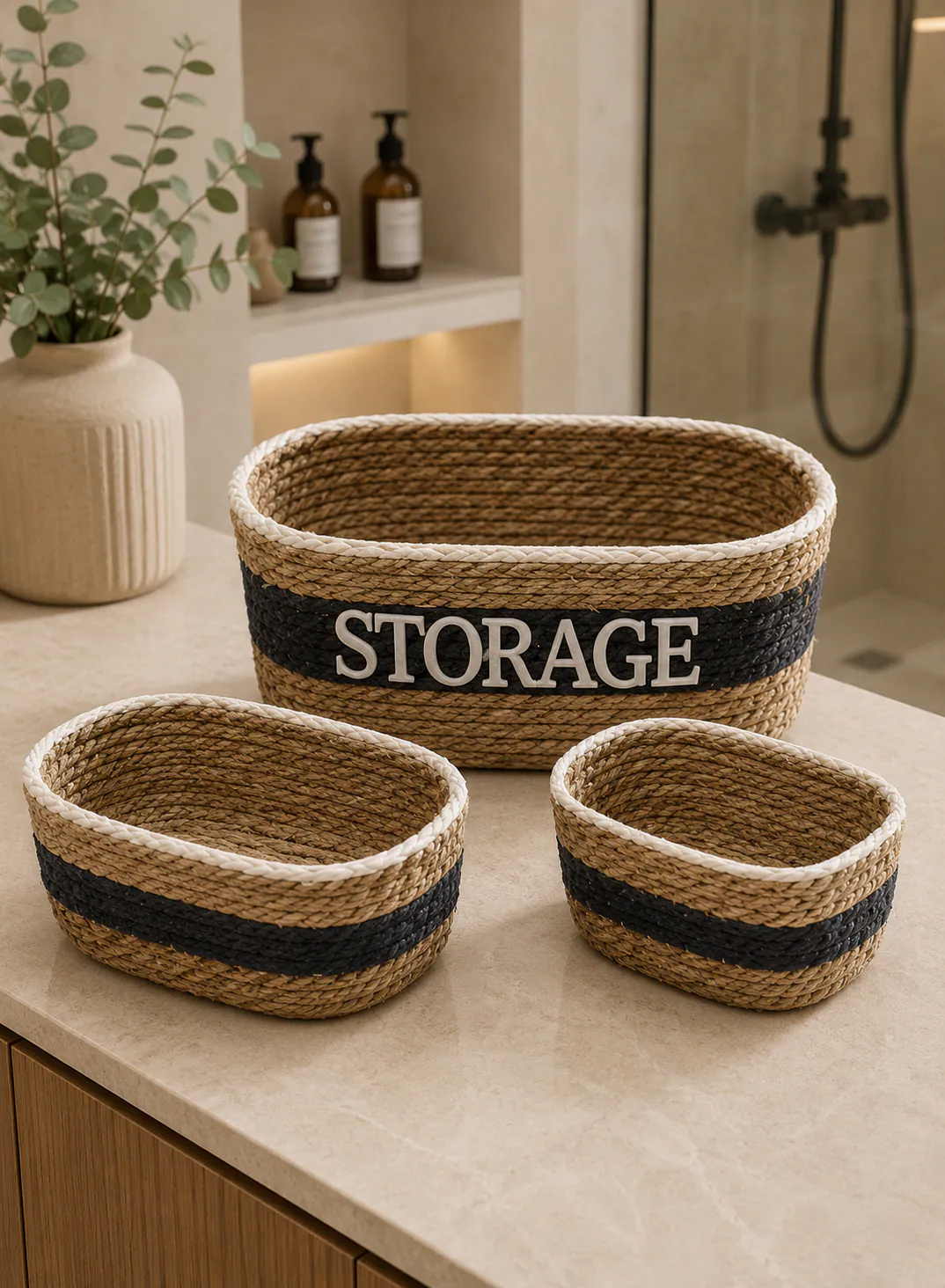 3-Piece Seagrass Basket Set – Natural & Black Woven Storage Baskets