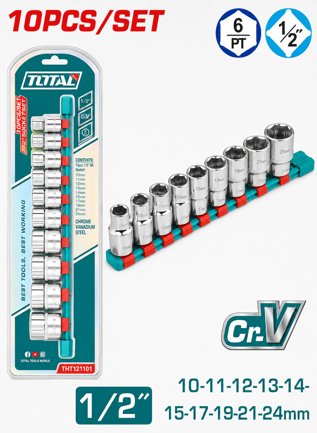 TOTAL 10-Piece 1/2" Socket Set 10–24mm | High-Quality Cr-V Steel