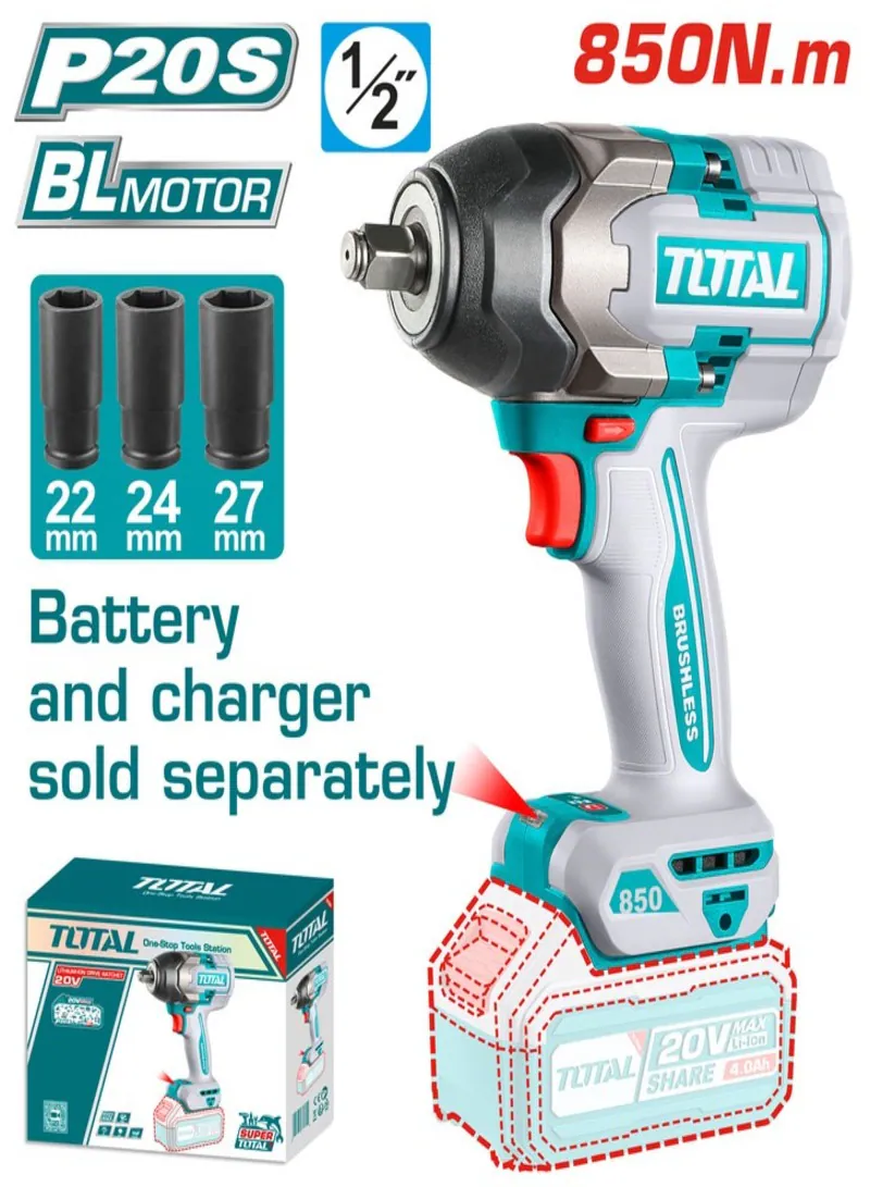 Total 20V Brushless Cordless Impact Wrench 1/2" 850Nm (Tool Only)