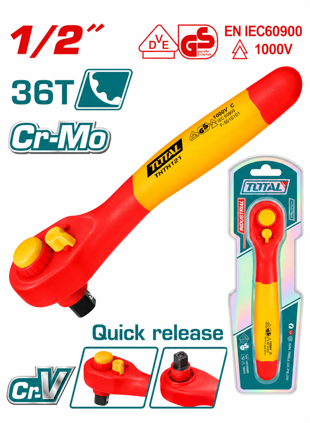 TOTAL 1/2" VDE Insulated Ratchet Wrench – 1000V – 36T – Cr-Mo & Cr-V Steel – Quick Release – EN IEC 60900 – Heavy-Duty Electrician Ratchet Handle