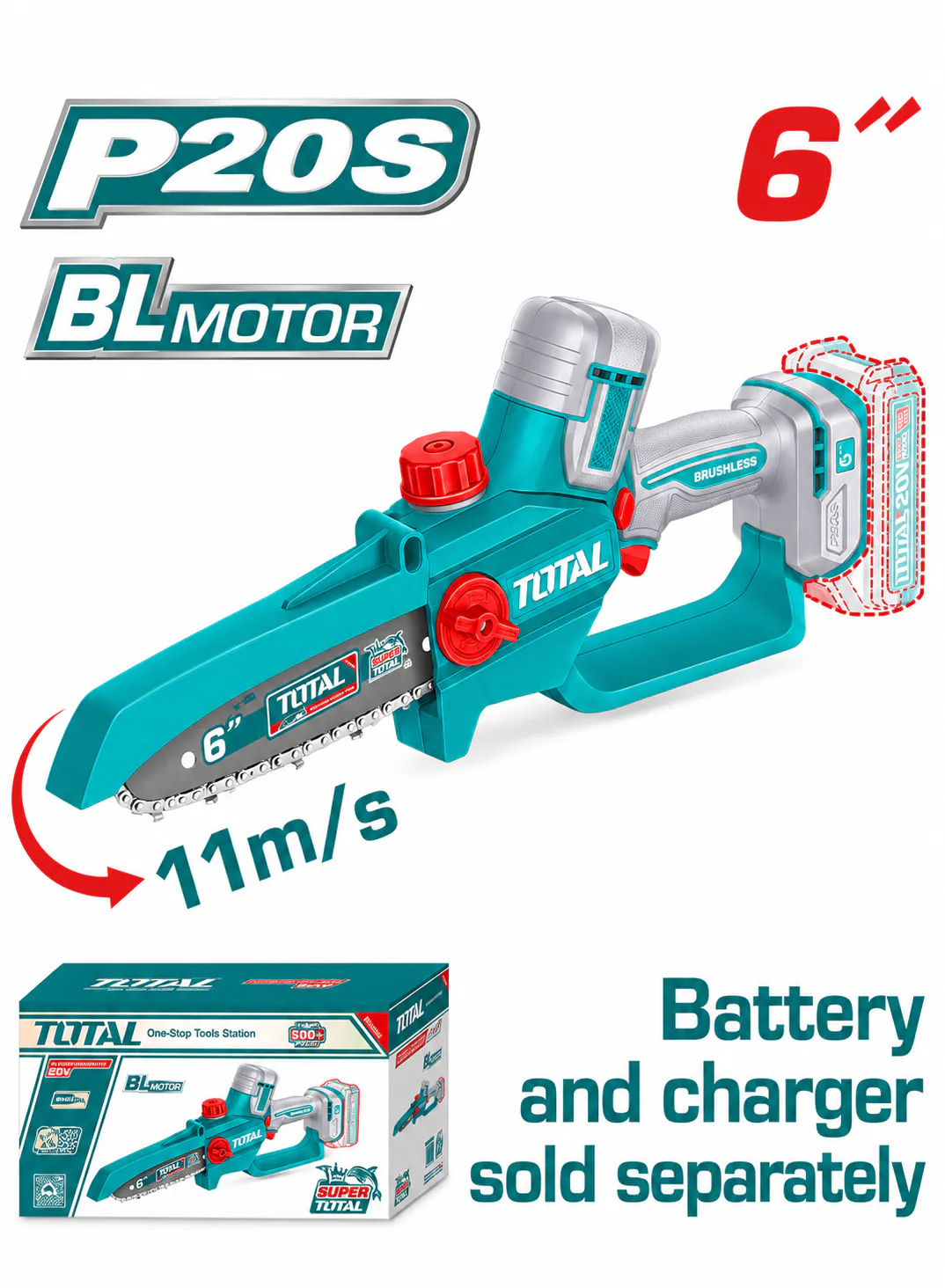 TOTAL 20V Cordless  Chainsaw – 6" Brushless (Tool Only)