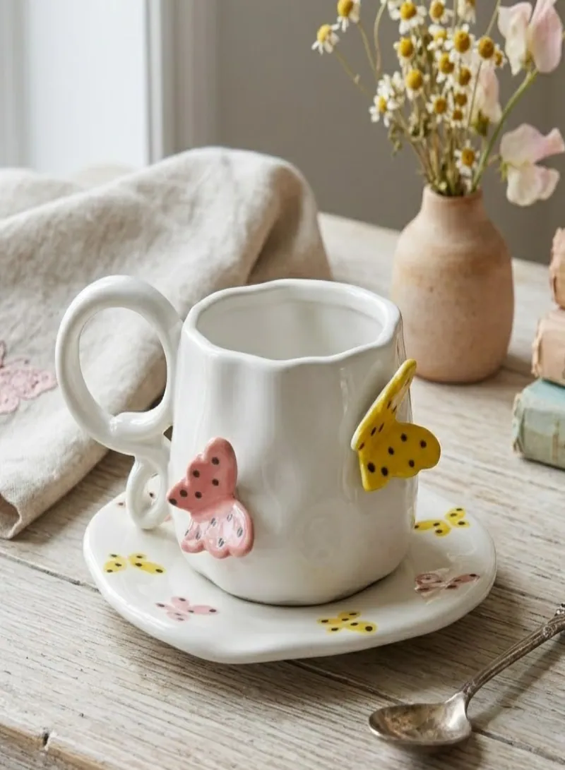 240ml Butterfly Ceramic Cup with Matching Saucer – Elegant Aesthetic Coffee & Tea Cup Set – Stylish Gift for Home & Office Use -2