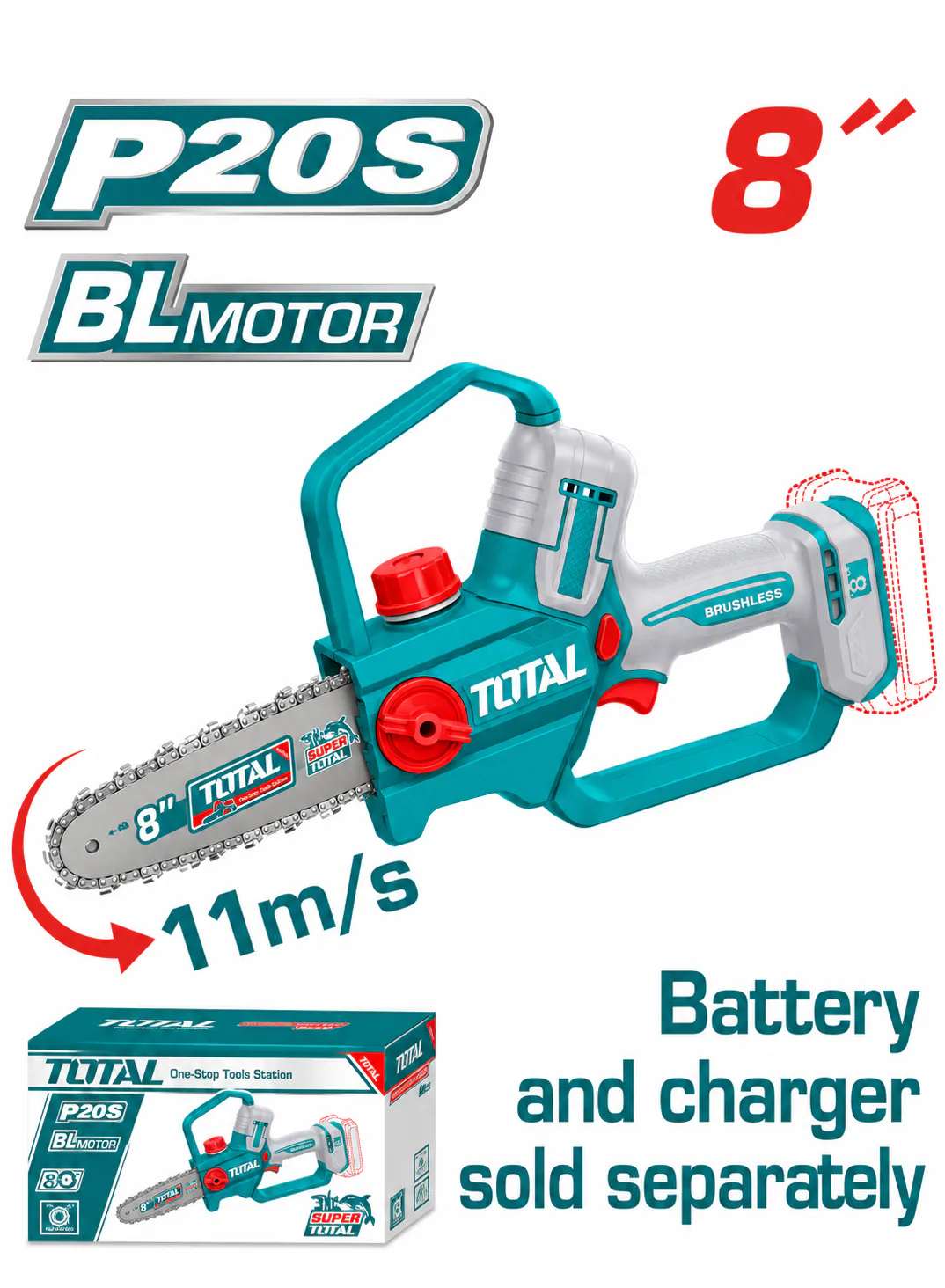 TOTAL 20V Cordless Mini Chainsaw – 8" Brushless (Tool Only)