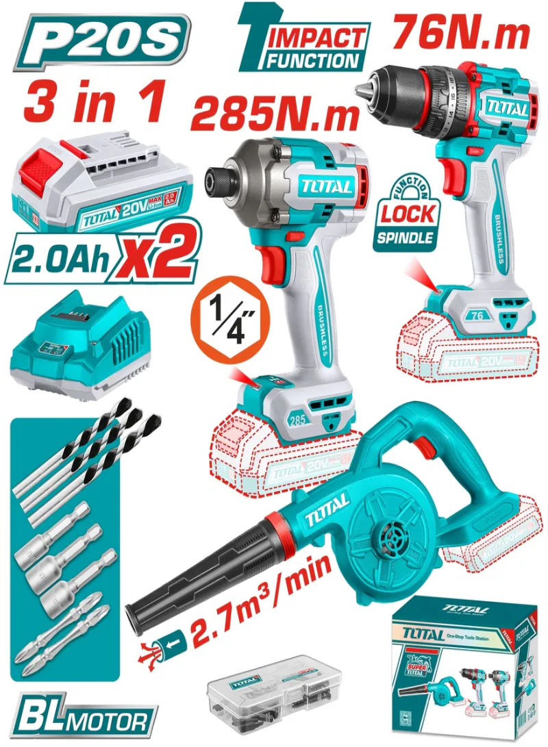TOTAL 20V Cordless 3-Piece Combo Kit – Brushless Power Set