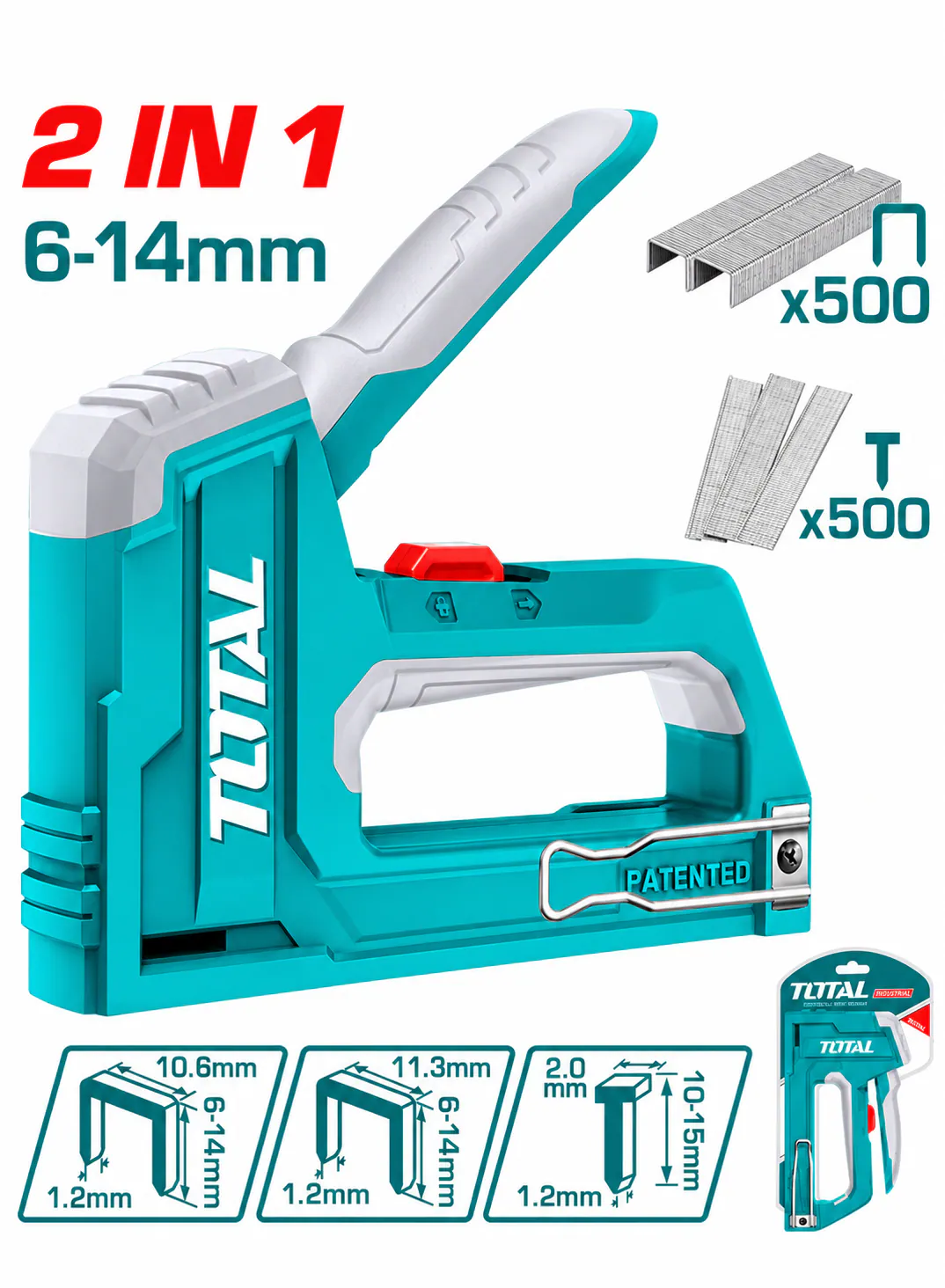 TOTAL 2-in-1 Manual Staple Gun – 6–14mm Staples – 10–15mm Nails – Heavy-Duty Hand Tacker – Ergonomic Handle