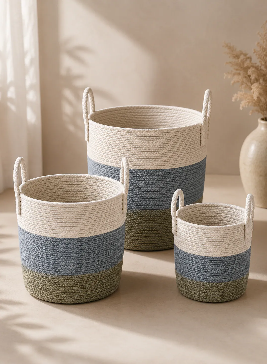 Bamboo Basket Set 3 Pieces – White, Blue & Green Woven Storage Baskets with Handles